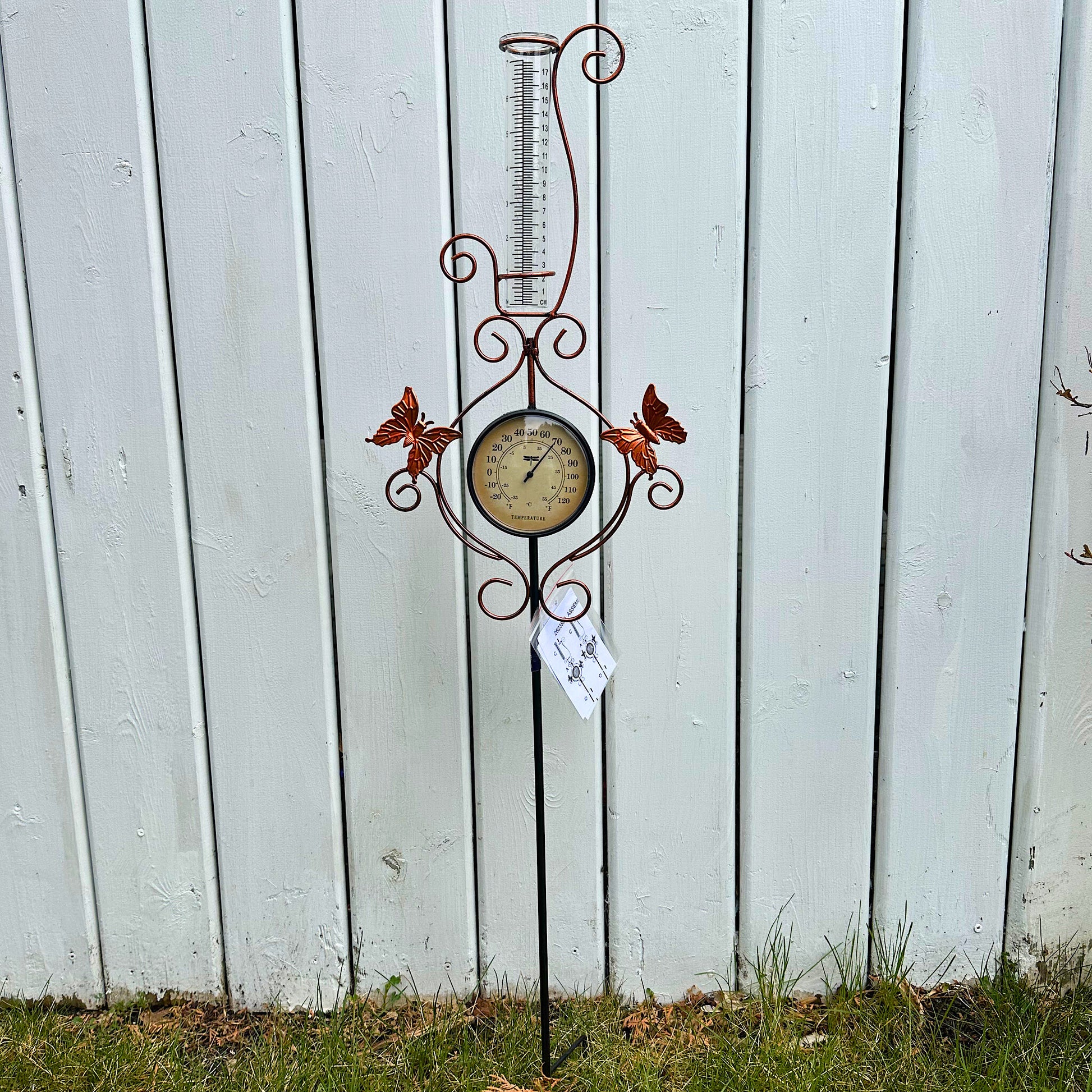 Metal Yard Stake with Thermometer & Rain Gauge