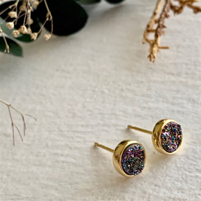 "Zella' Gold Plated Druzy Stud Earrings in Rainbow Titanium