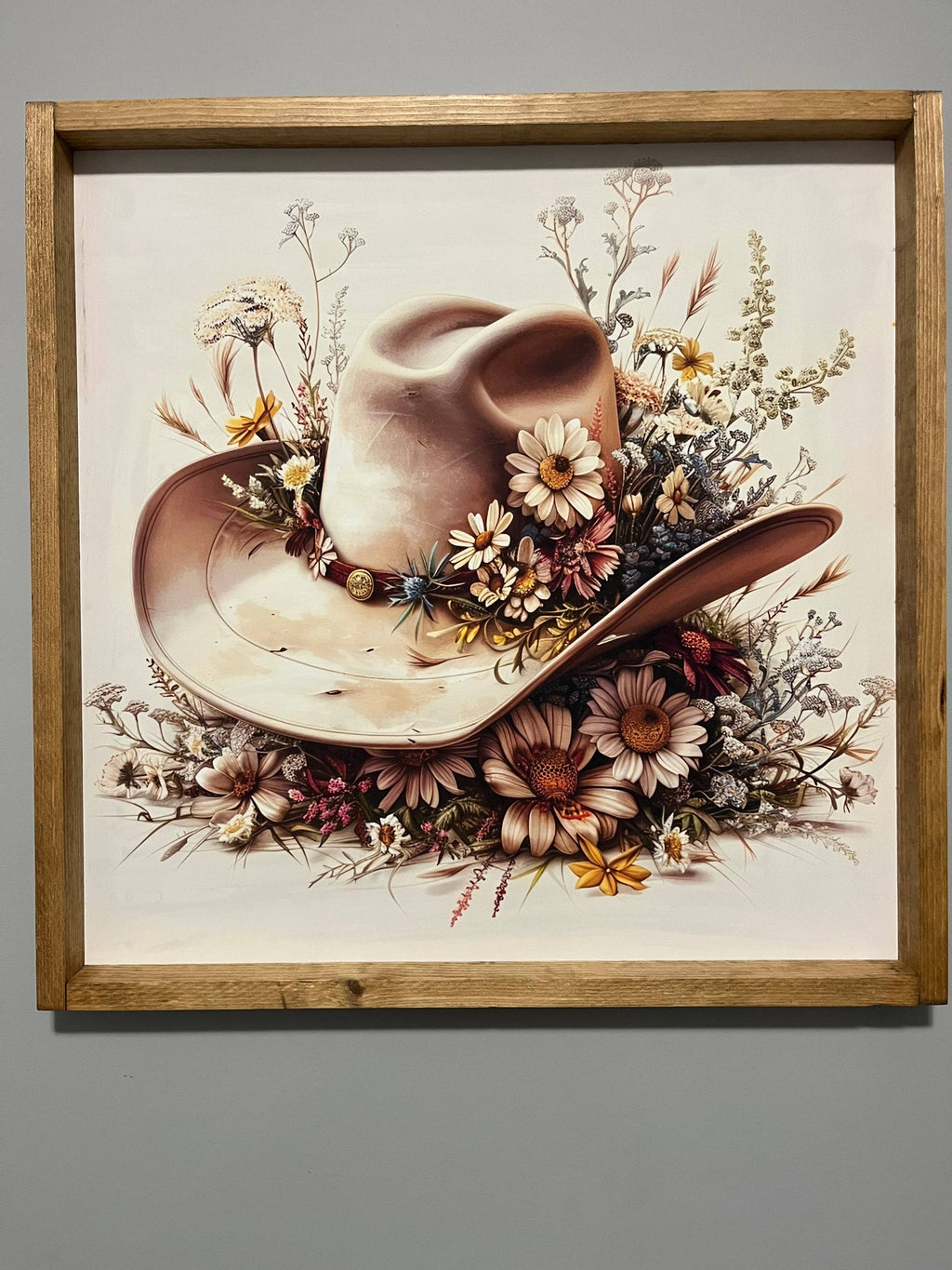 Cream Cowboy Hat and Flowers Farmhouse Sign: 14x14 / Jacobean