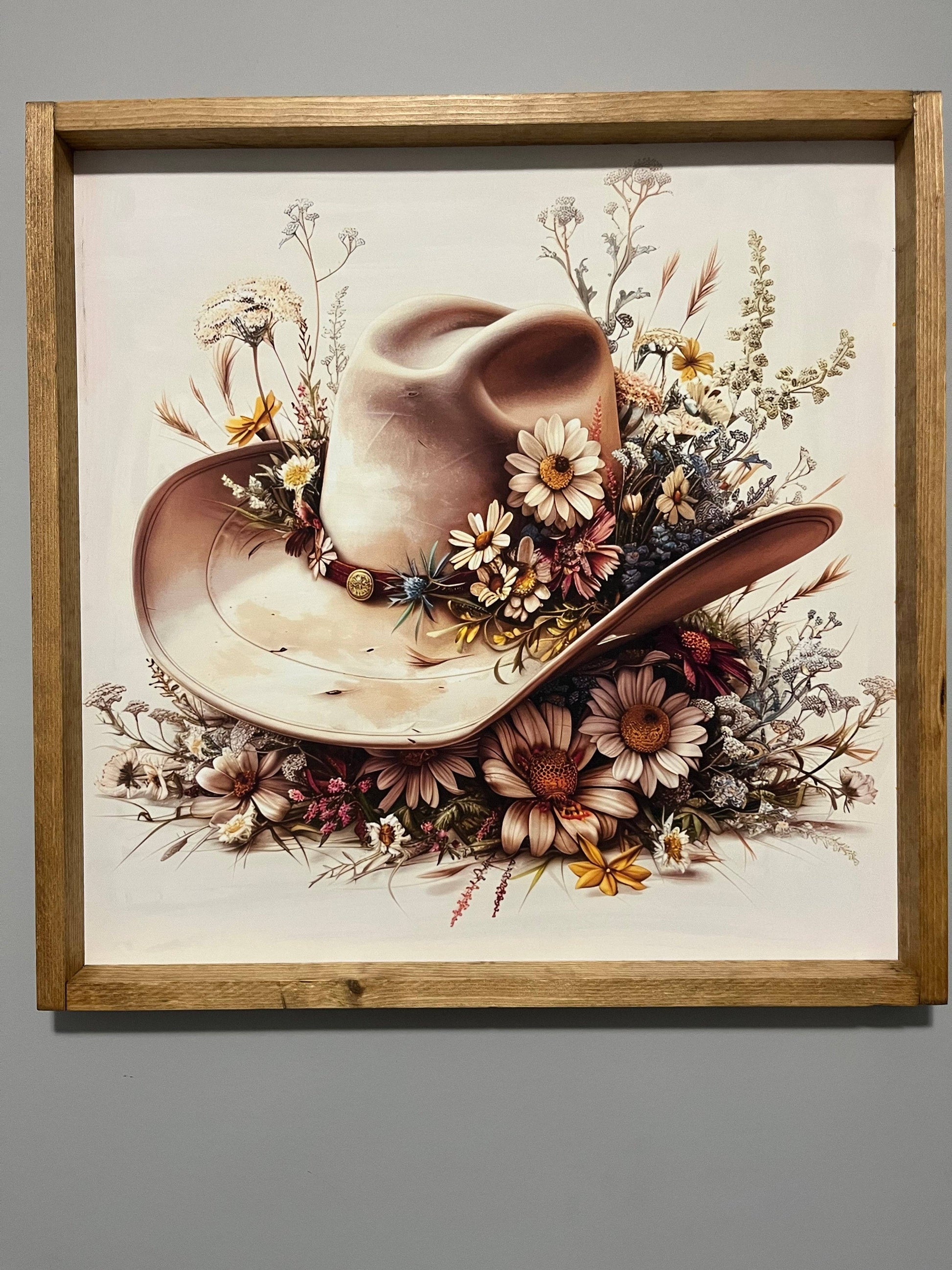 Cream Cowboy Hat and Flowers Farmhouse Sign: 14x14 / Jacobean