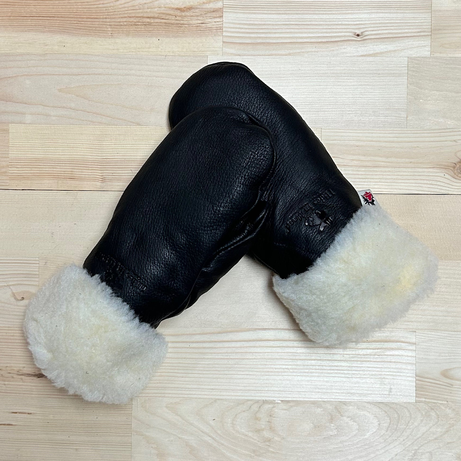 Hides in Hands Deerskin Leather Mitts With Pile Lined Roll Over Cuff - Black