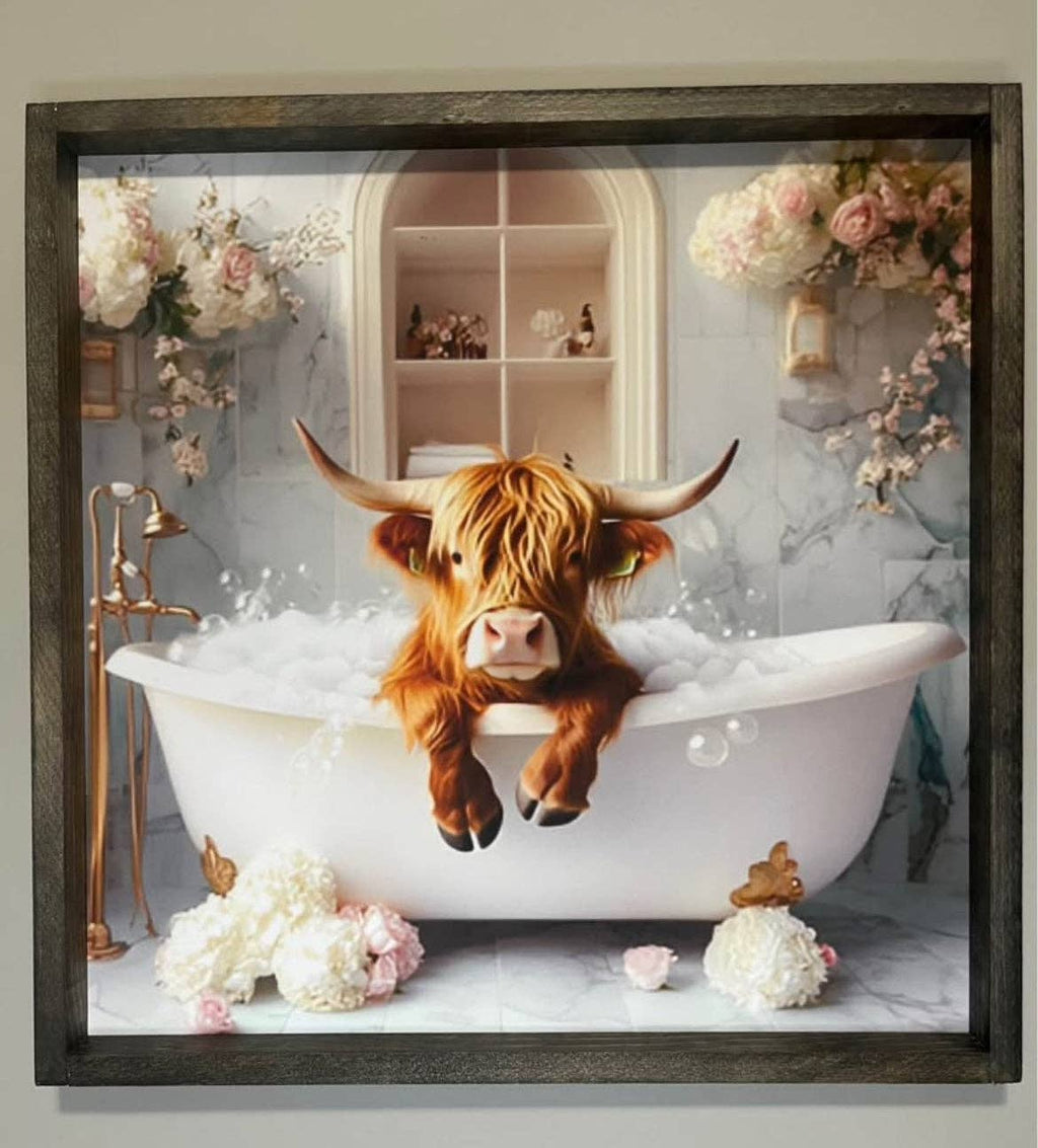 Bathtub Highland Cow Farmhouse Sign: 12x12 / Ebony