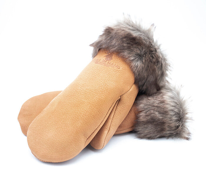 Hands in Hide Deerskin Leather Mitt with Faux Fur Trim - Saddle Tan