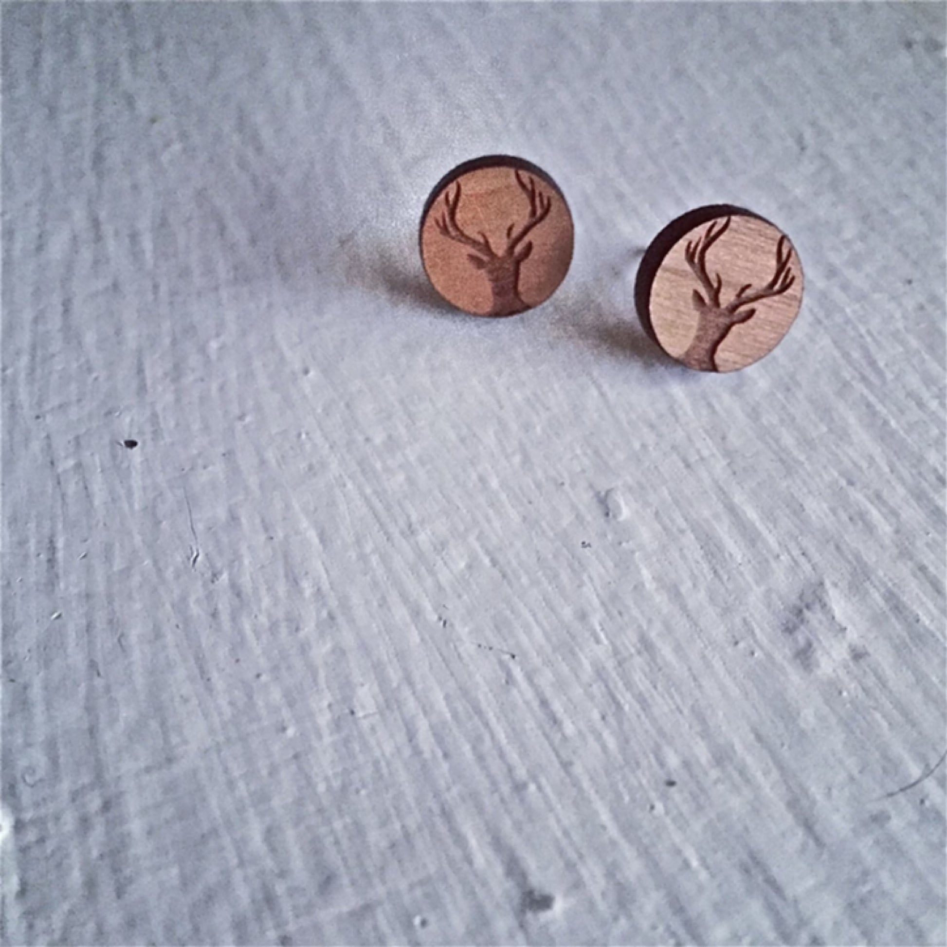 Wapit  Deer with Antlers Cherrywood Stud Earrings