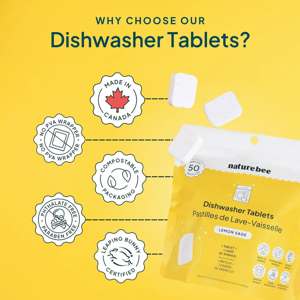 Dishwasher Tablets Lemon | MADE IN CANADA | Nature Bee: Bag of 50