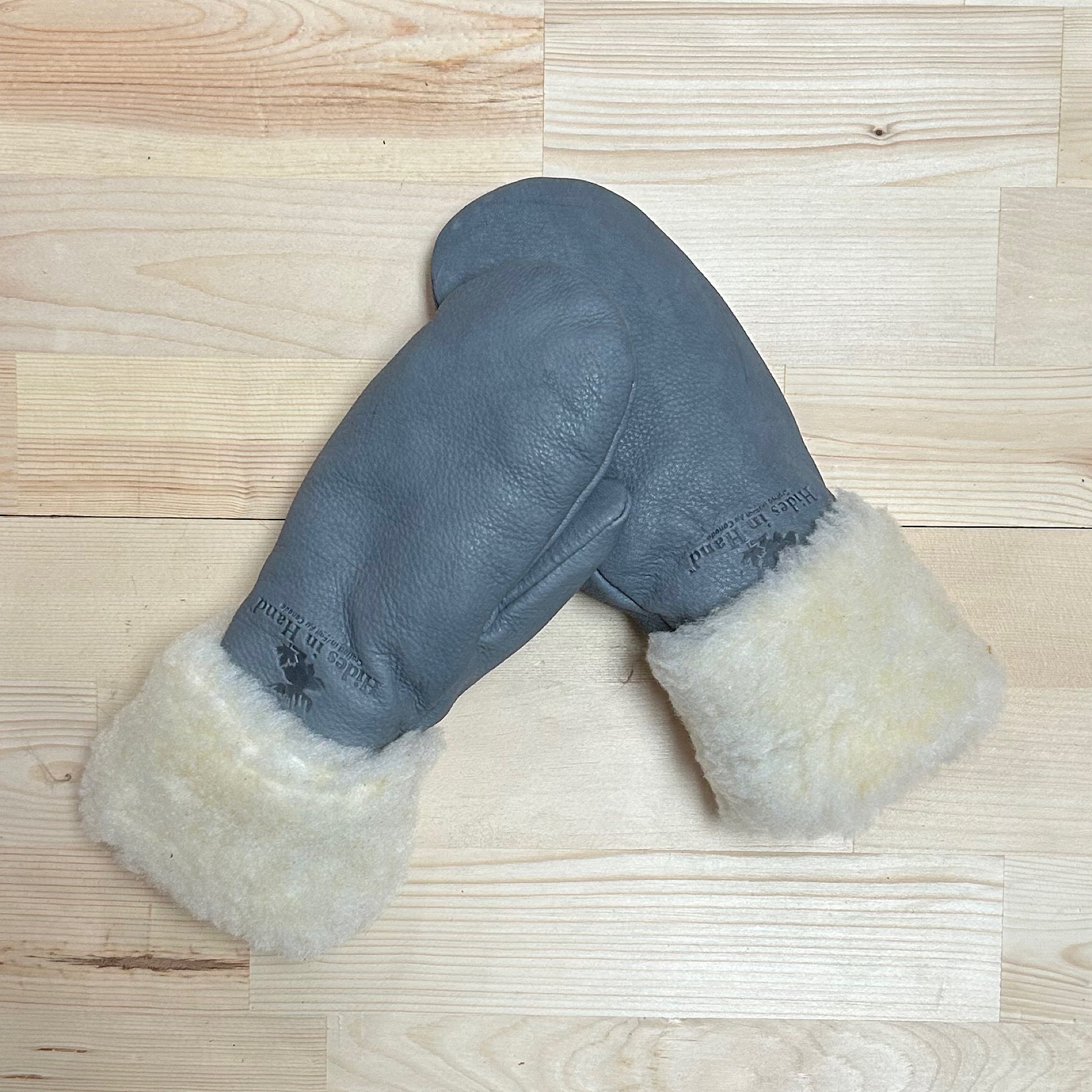 Hides in Hands Deerskin Leather Mitts With Pile Lined Roll Over Cuff - Grey
