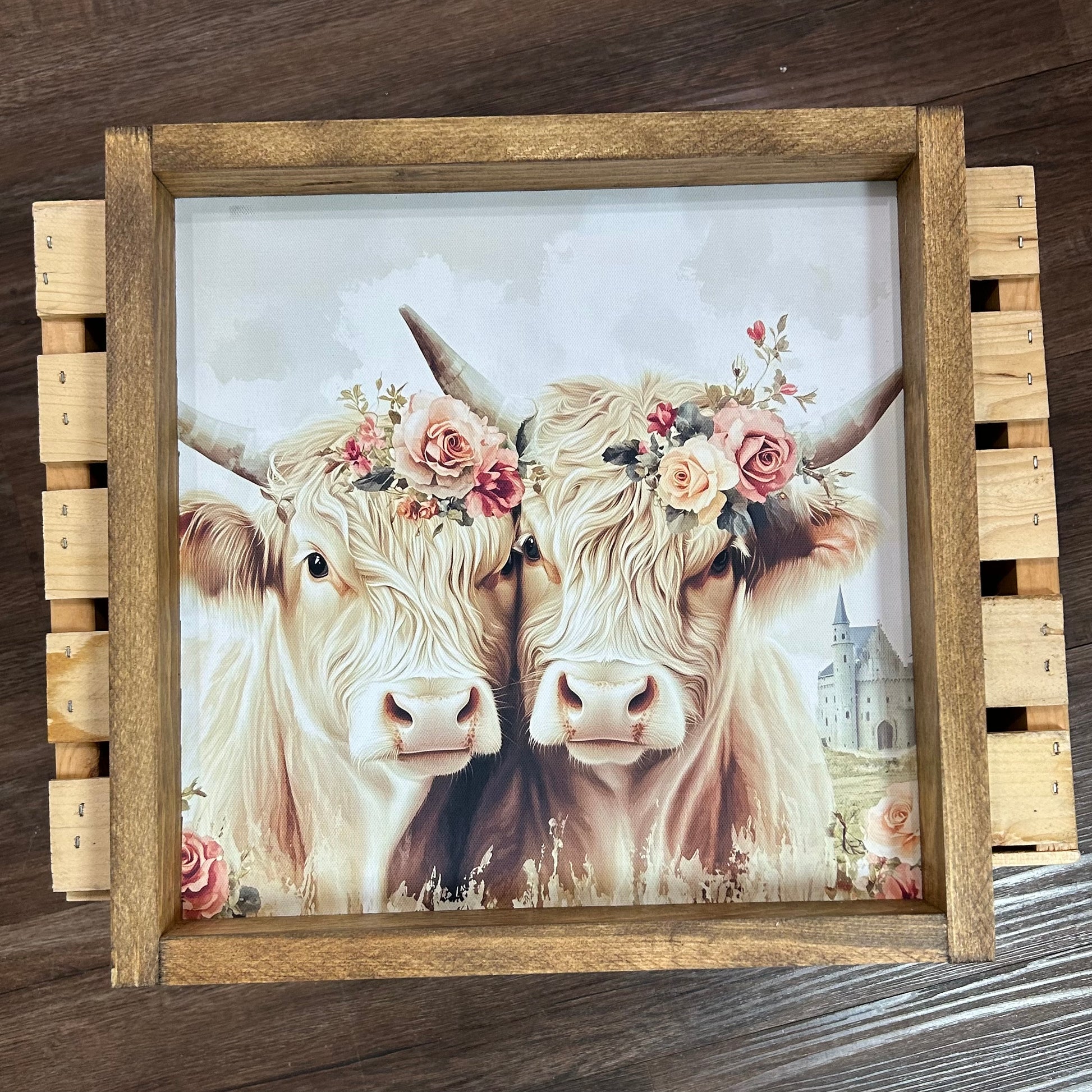 Sister's Highland Cow Farmhouse Sign: 14x14 inches / Early American