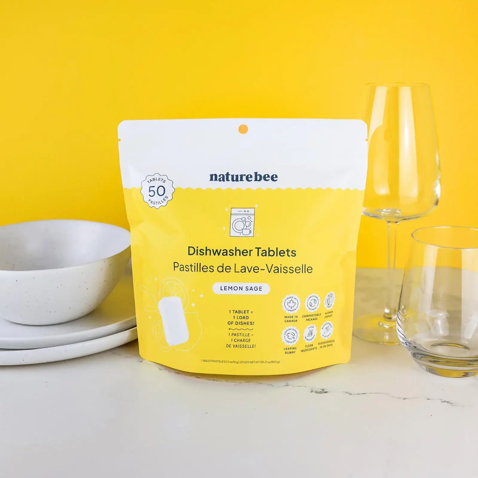 Dishwasher Tablets Lemon | MADE IN CANADA | Nature Bee: Bag of 50