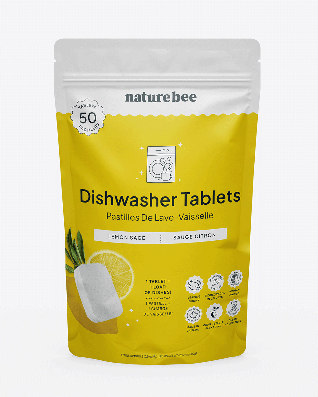 Dishwasher Tablets Lemon | MADE IN CANADA | Nature Bee: Bag of 50