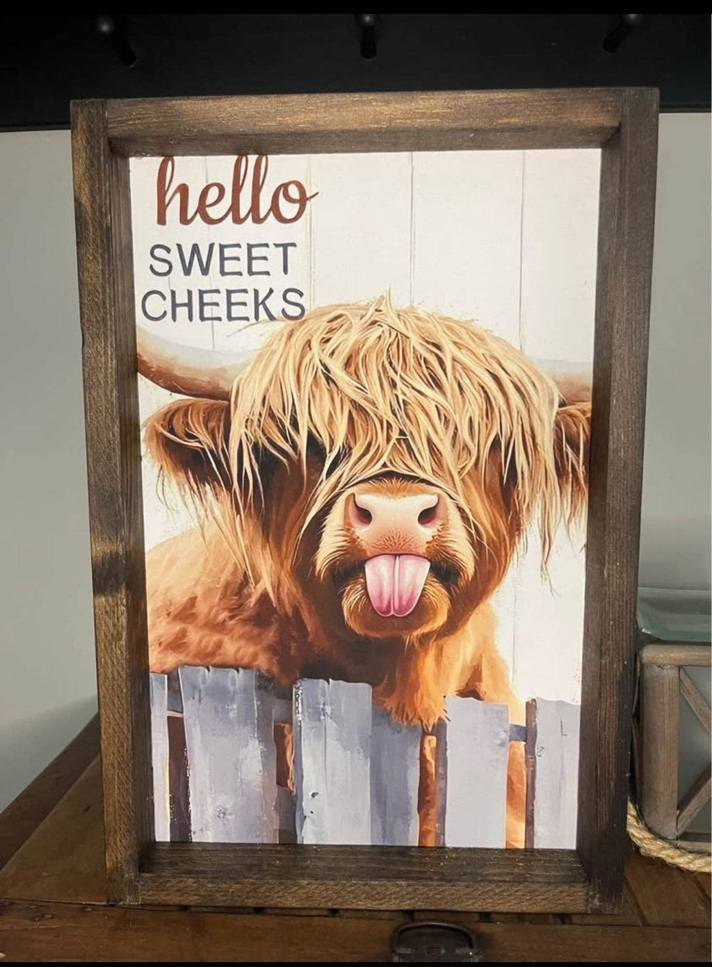 Hello Sweet Cheeks Highland Cow Farmhouse Sign: 8x12 / Jacobean