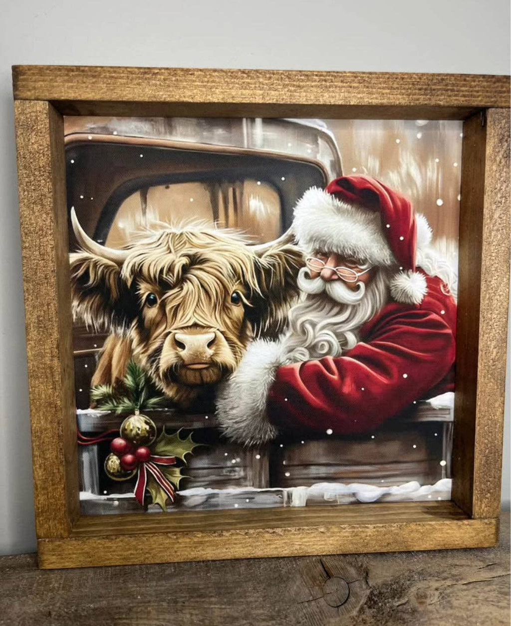 Santa's Friend Highland Cow Farmhouse Sign: 12x12 / Jacobean