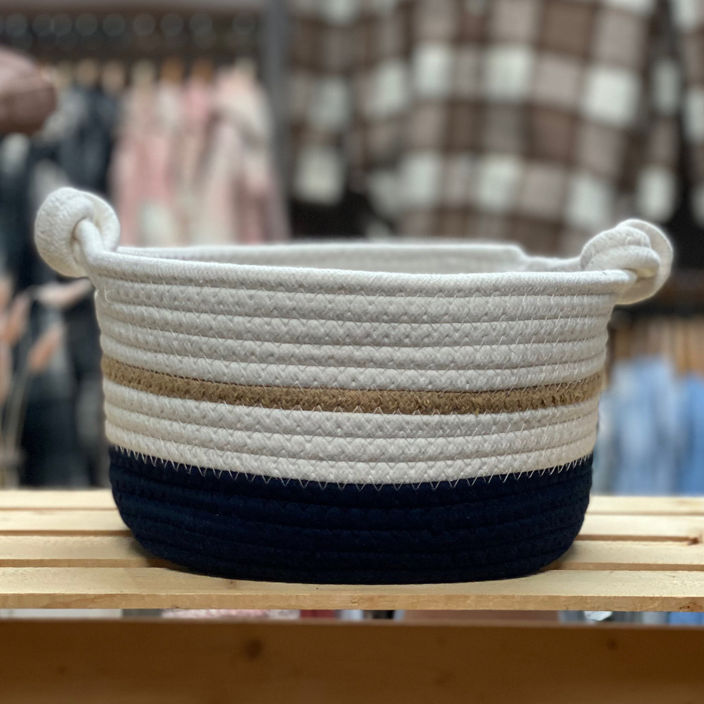 Oval Navy White Storage Basket